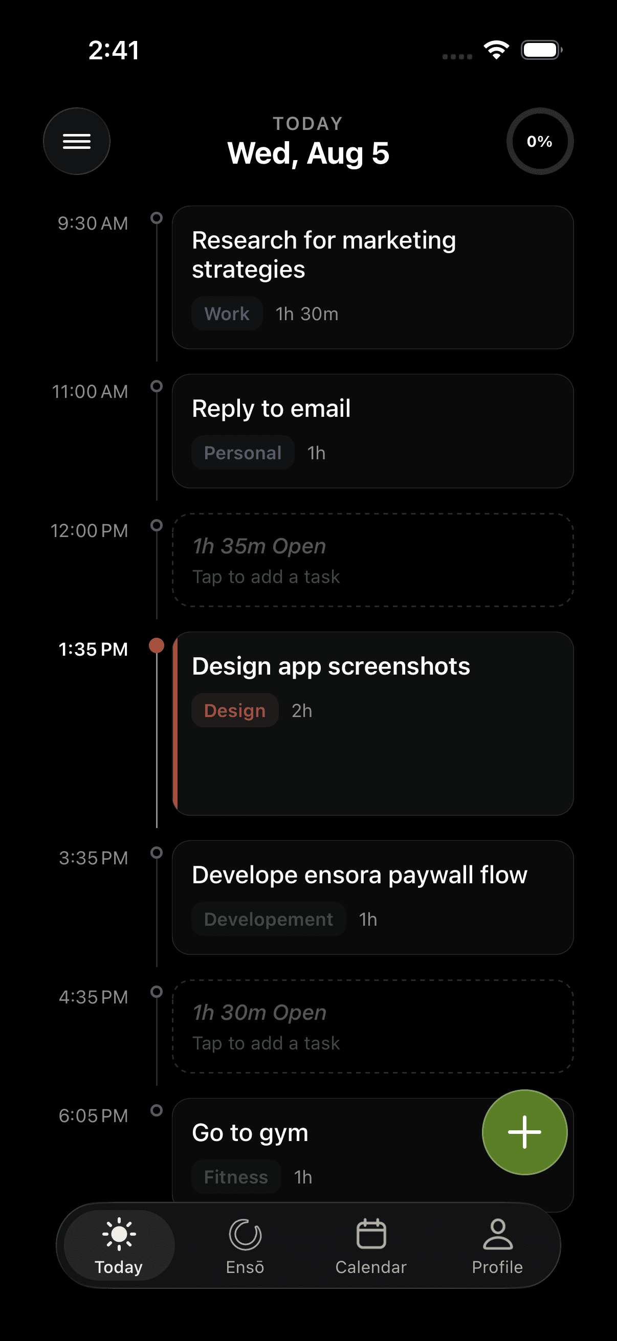 Ensora Today screen showing a planned day with tasks and time blocks